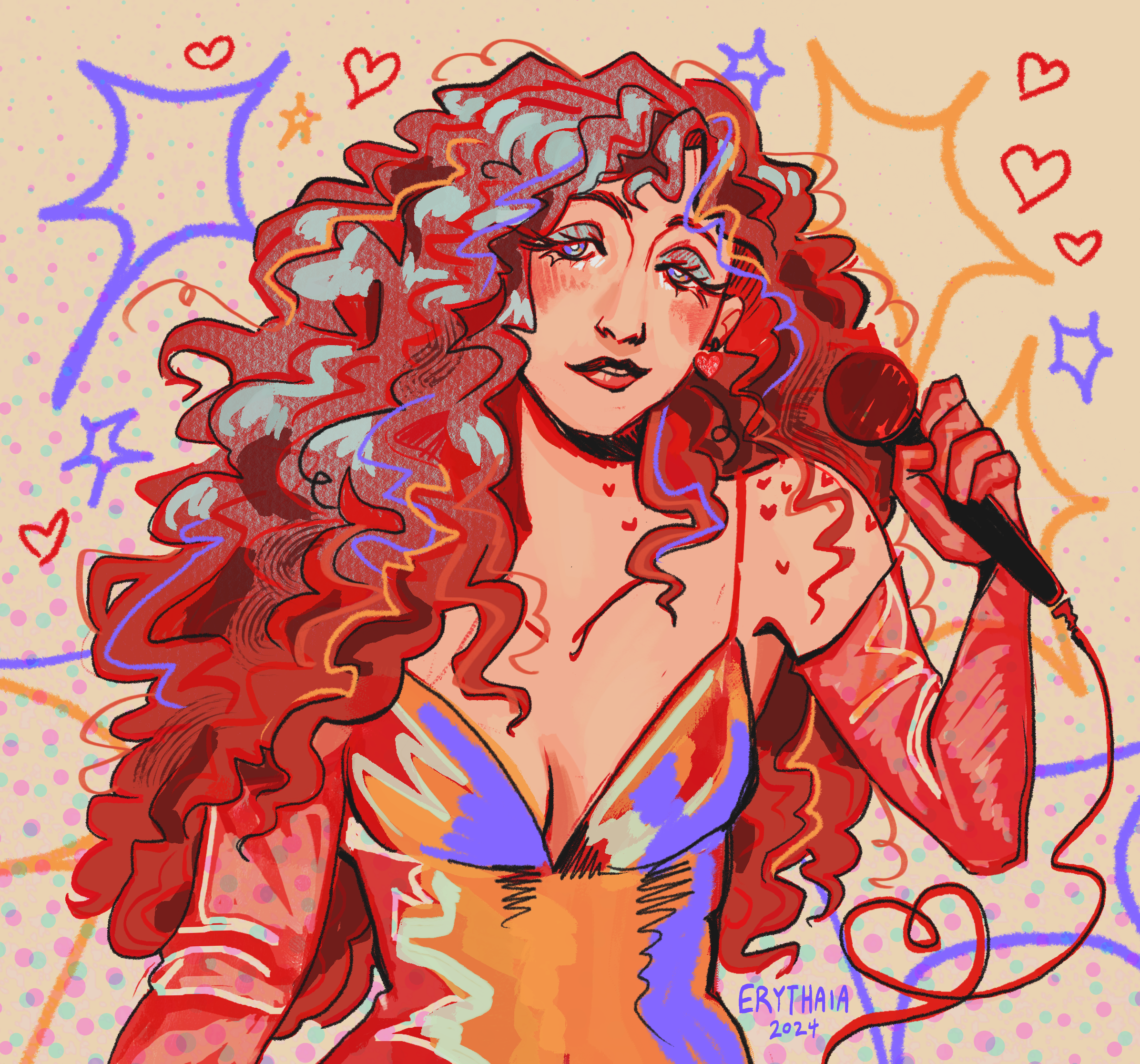 Illustration of a woman with long curly red hair, expressive eyes, makeup, and a confident expression. The background features colorful abstract shapes, hearts, and specks, with the words 'Erythae' and '2024' written in purple.