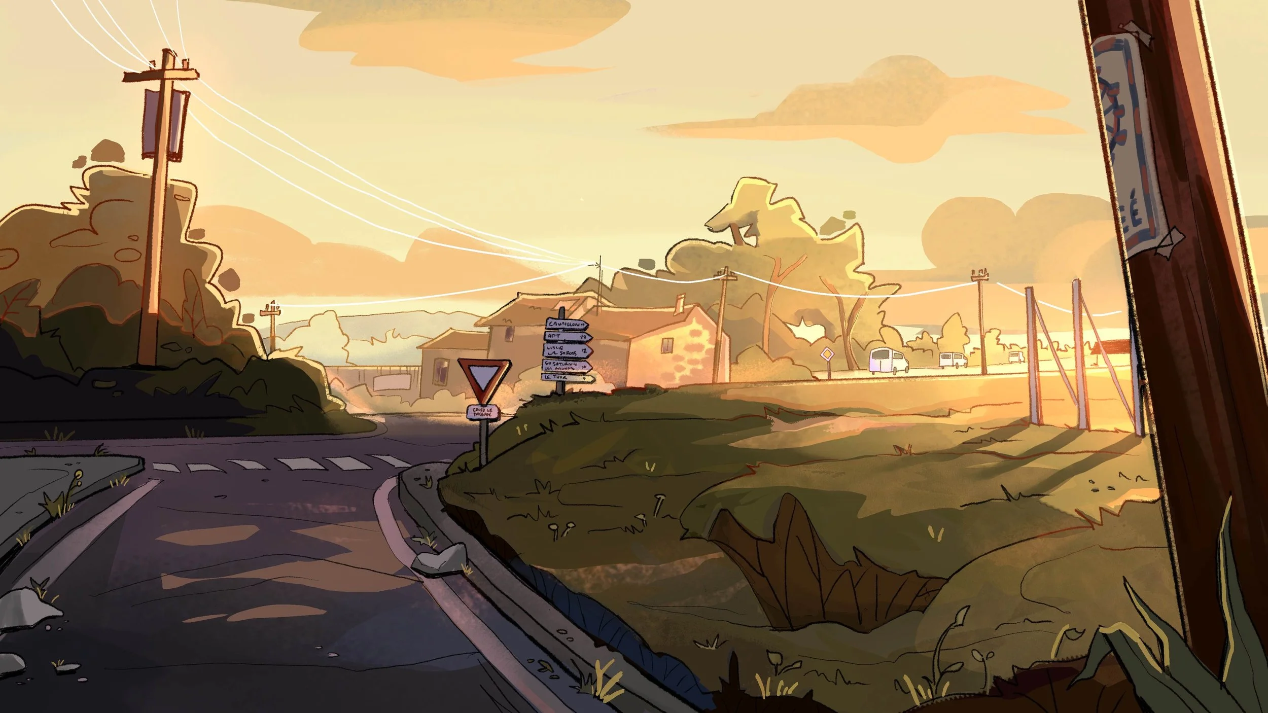 A digital illustration of a suburban scene at sunset with utility poles, trees, a few houses, and a street sign. The sky is warm with orange and yellow hues, and the scene is viewed from inside a vehicle.