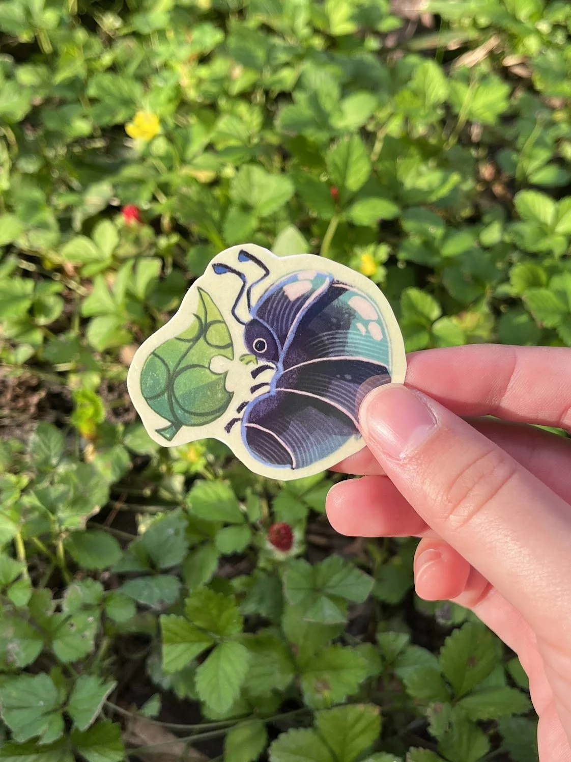 A sticker of a butterfly and a green insect held between a person's fingers over green plants and small yellow and red flowers.