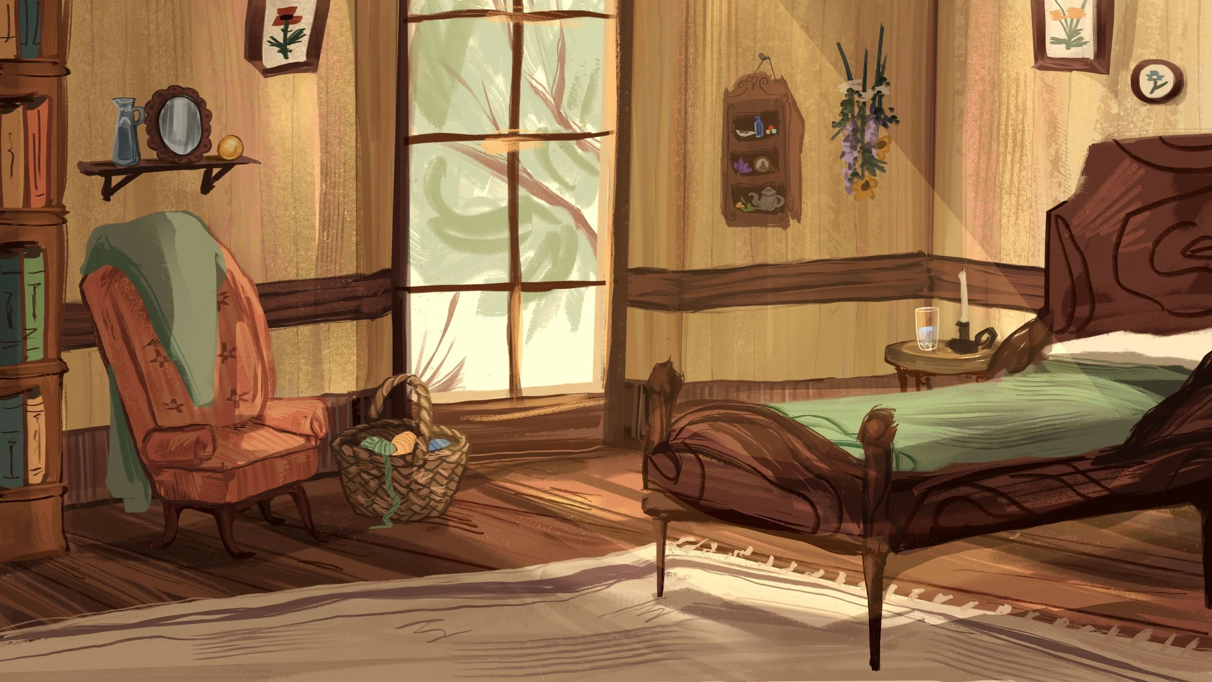 A cozy rustic bedroom with a large window showing trees outside. The room has wood-paneled walls, a wooden bed with green bedding, a bedside table with a glass and a candle, an armchair with a blanket, and decorative shelves with framed pictures and 