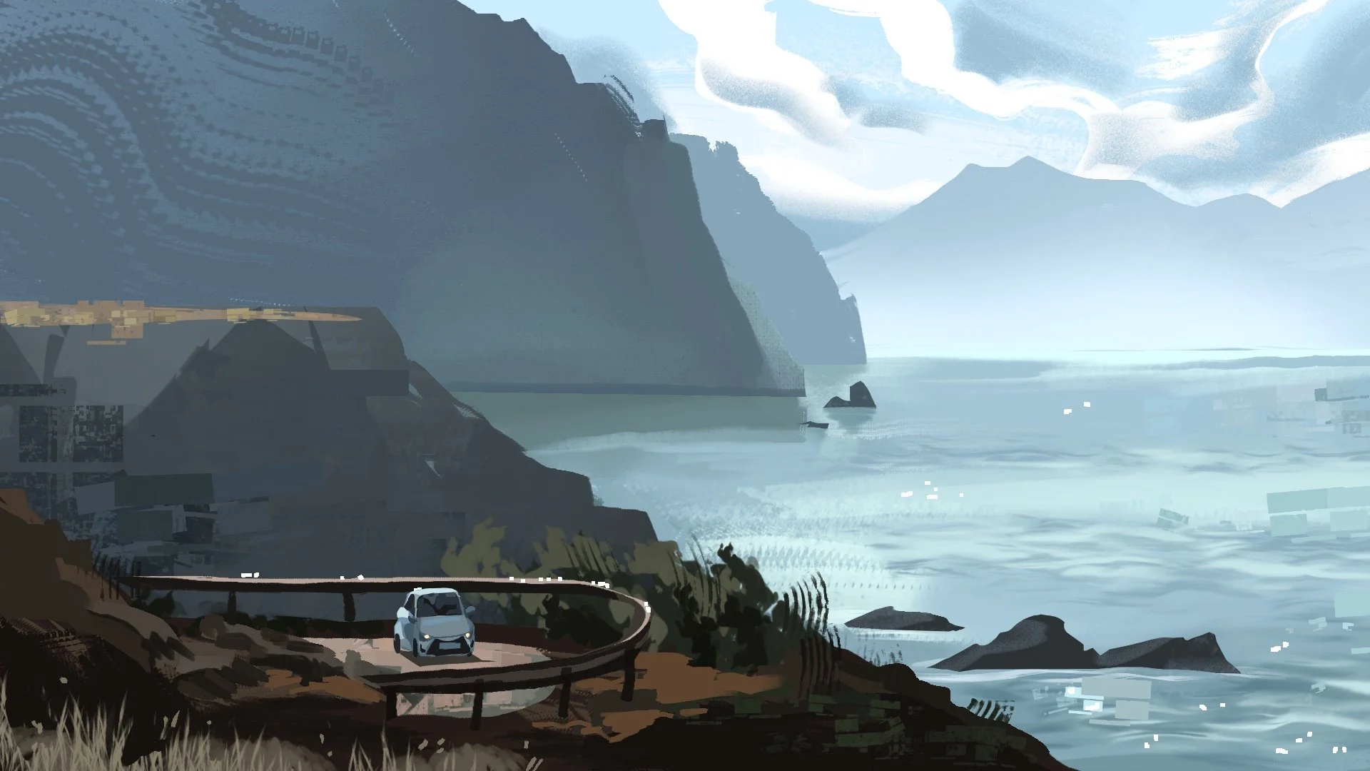 Digital painting of a coastal landscape with cliffs, a winding road, a parked car, and the ocean, with mountains in the background and cloudy sky.
