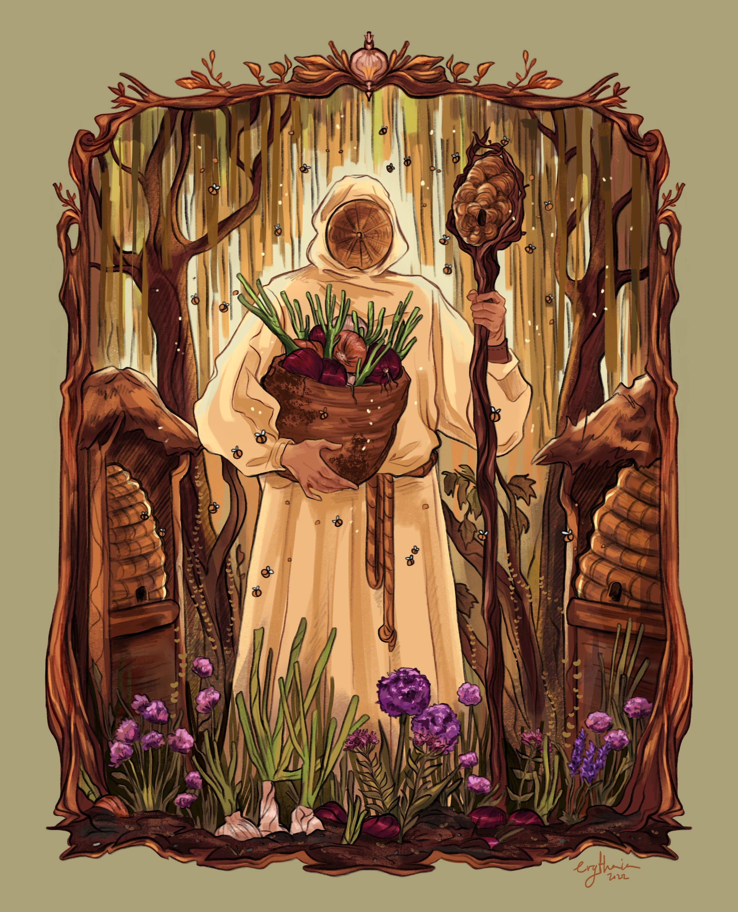 A person dressed in beige holding a basket of vegetables including green onions and onions, standing inside an open tree trunk with a forest background and purple flowers at the base.