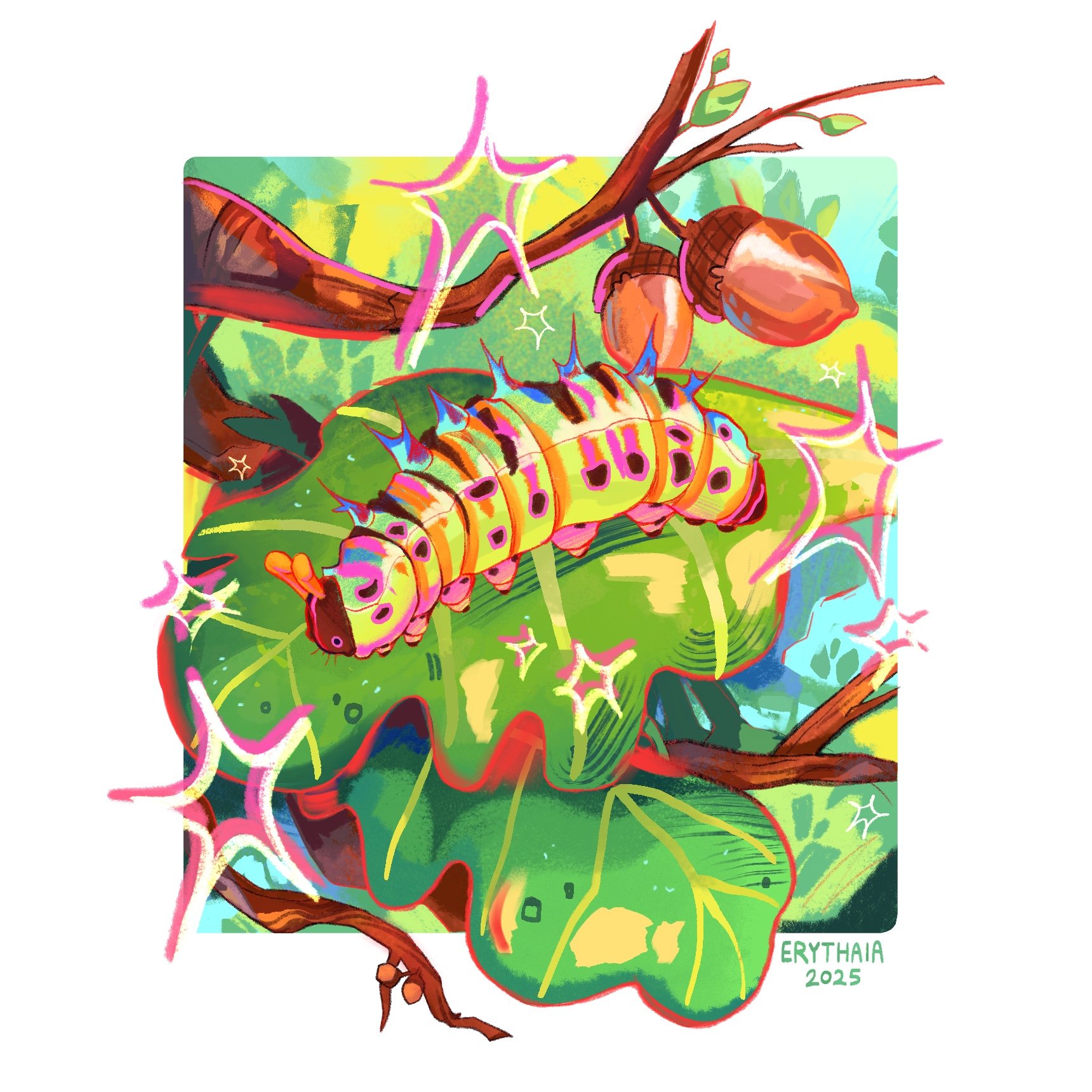 Colorful illustration of a butterfly with green and yellow wings adorned with black and pink markings, perched on a branch with two brown seed pods. The background features an abstract mix of green, yellow, and blue hues with sparkles and star-like a
