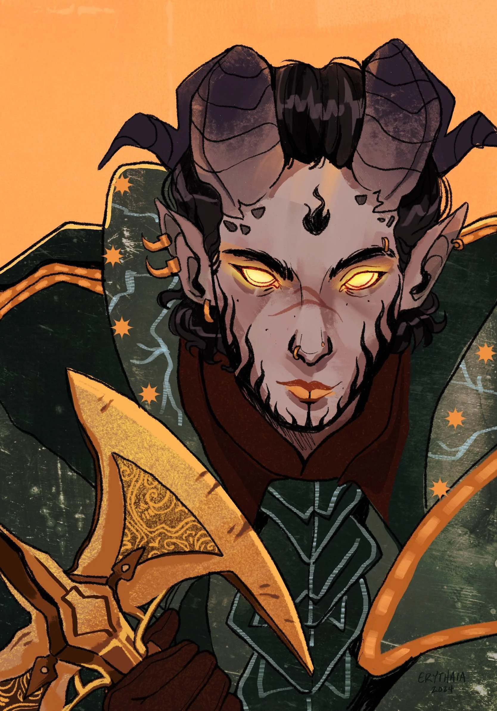 Digital illustration of a male character with glowing yellow eyes, dark curly hair, and elf-like ears, wearing a dark green and orange outfit with intricate designs, set against an orange background.