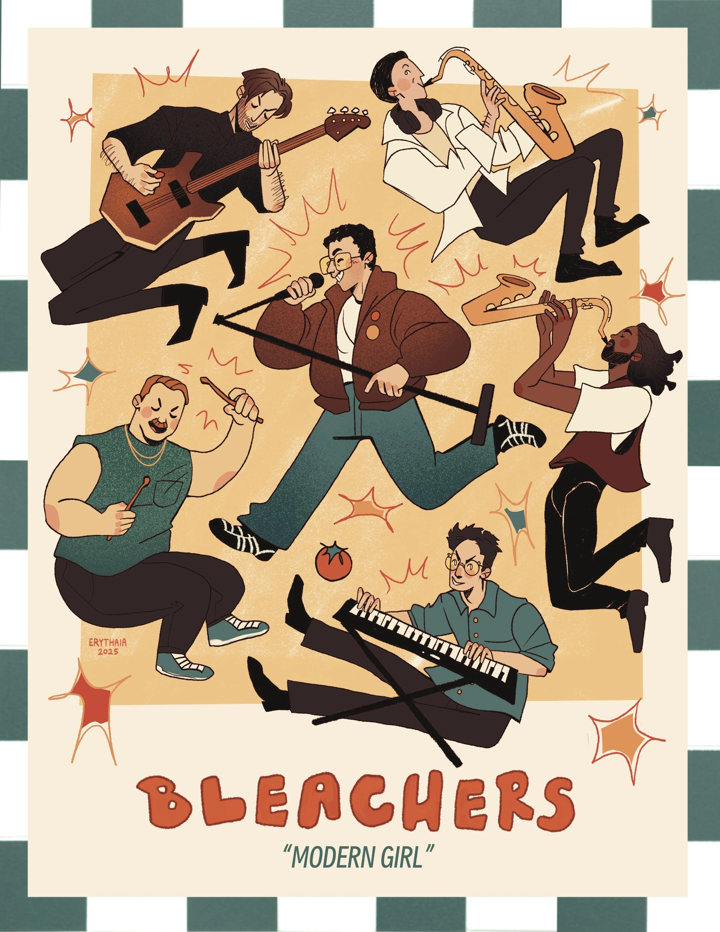 Illustration of diverse women playing musical instruments, including guitar, saxophone, microphone, and keyboard, surrounded by colorful starburst and circle shapes with the text 'Breakers' and 'Modern Girl' at the bottom.