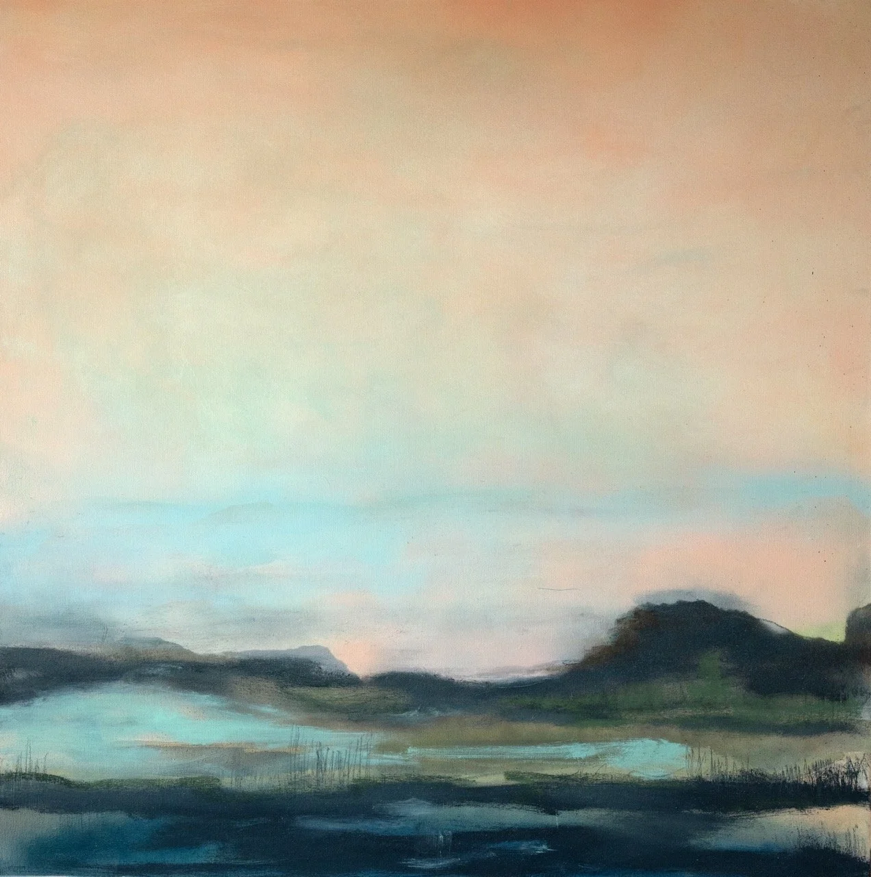 A watercolor landscape painting of a river or lake with hills and trees under a pastel-colored sky.