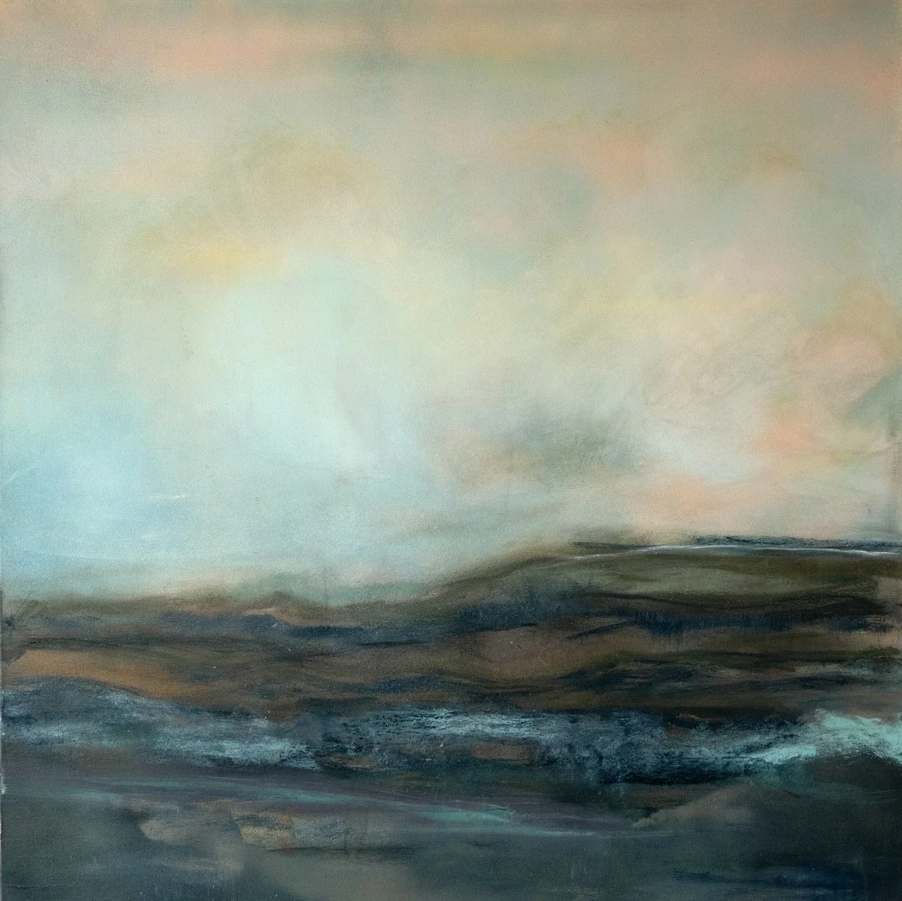 Abstract painting with muted tones, depicting a landscape with hills and a cloudy sky.