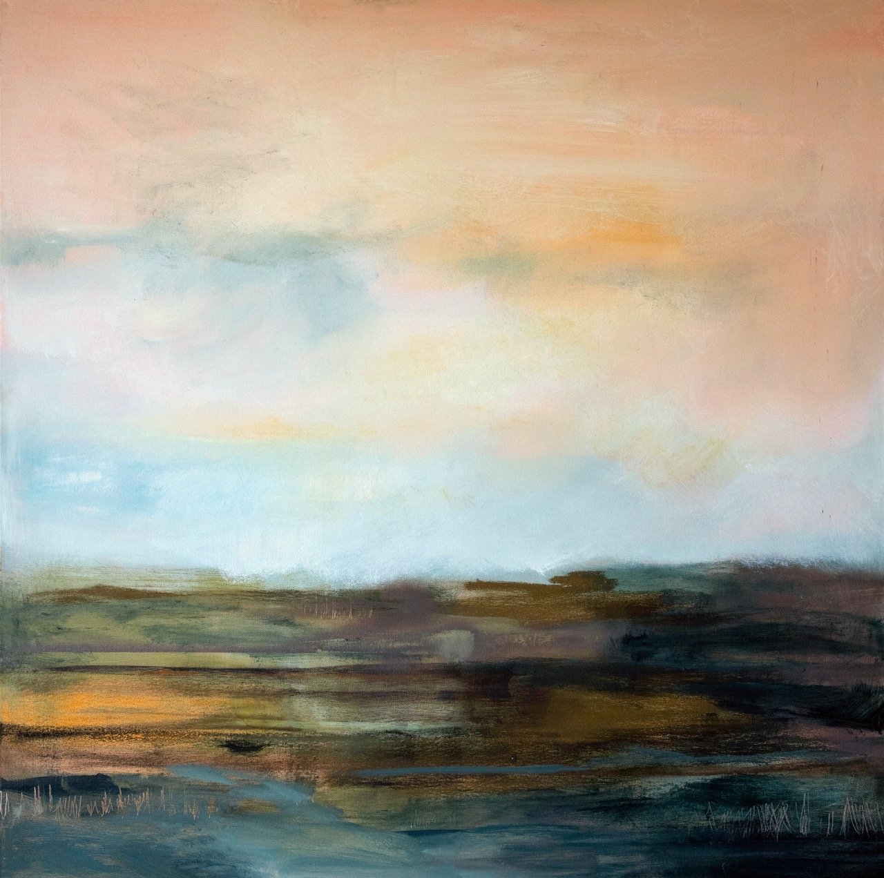 Abstract landscape painting with soft pastel colors depicting sky and land with a stream in the foreground.