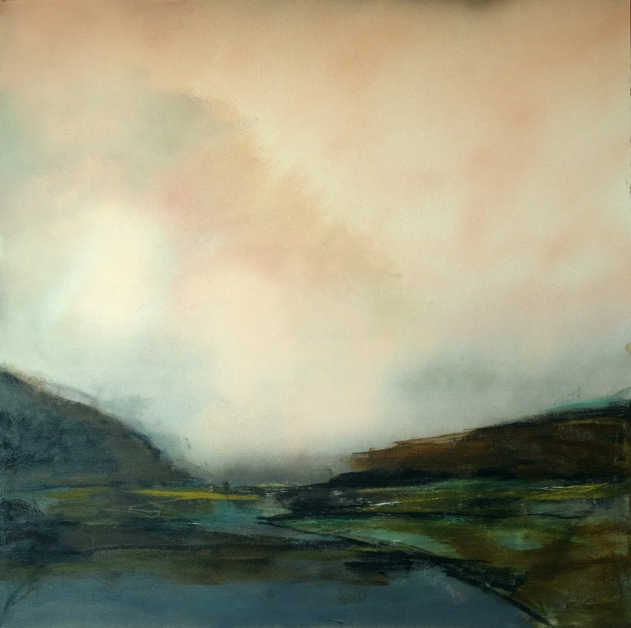 A landscape painting of a river or lake with mountains or hills in the distance and a cloudy sky.