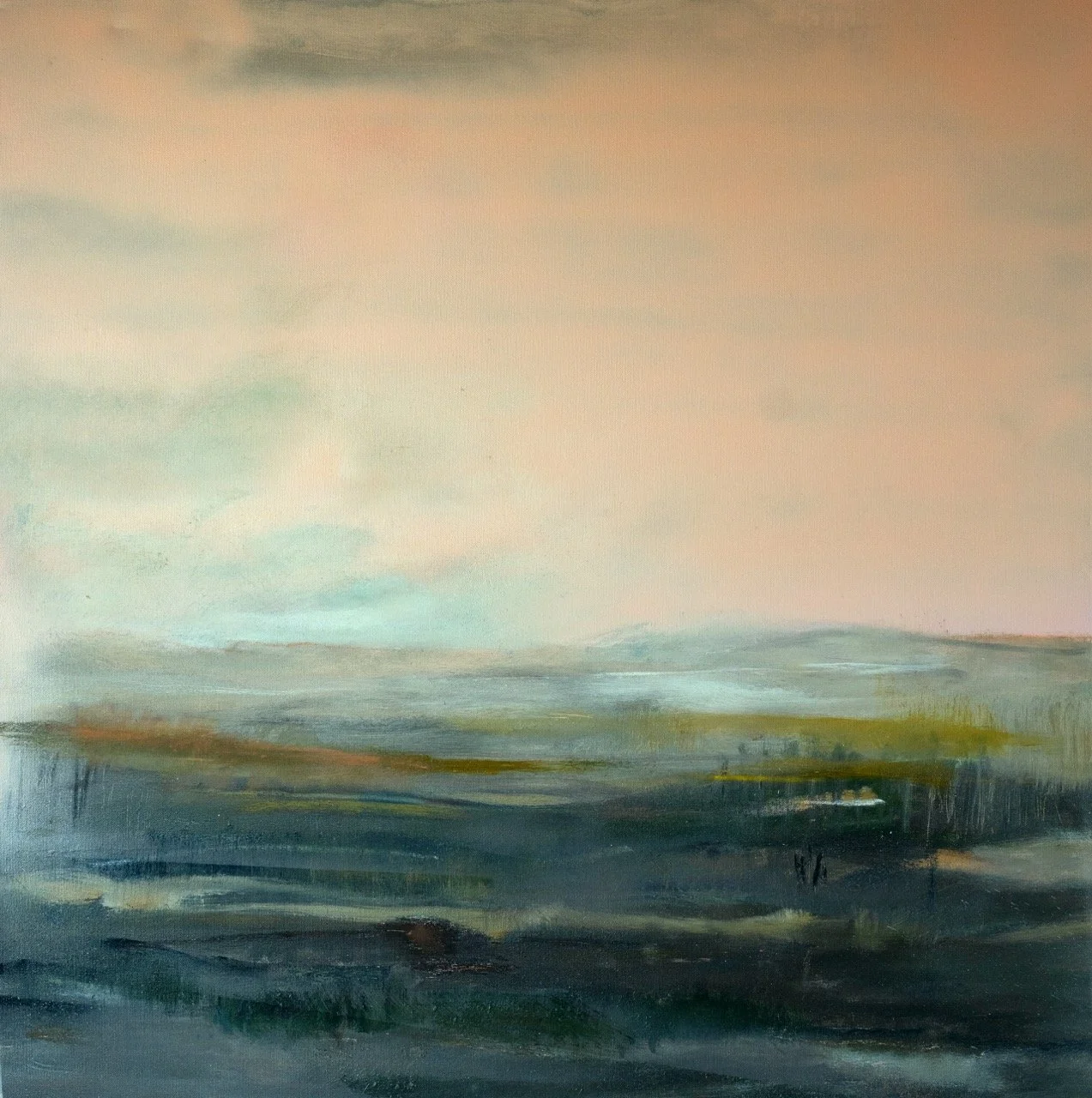 Abstract landscape painting with soft pastel sky, distant mountains, and green and dark foreground.