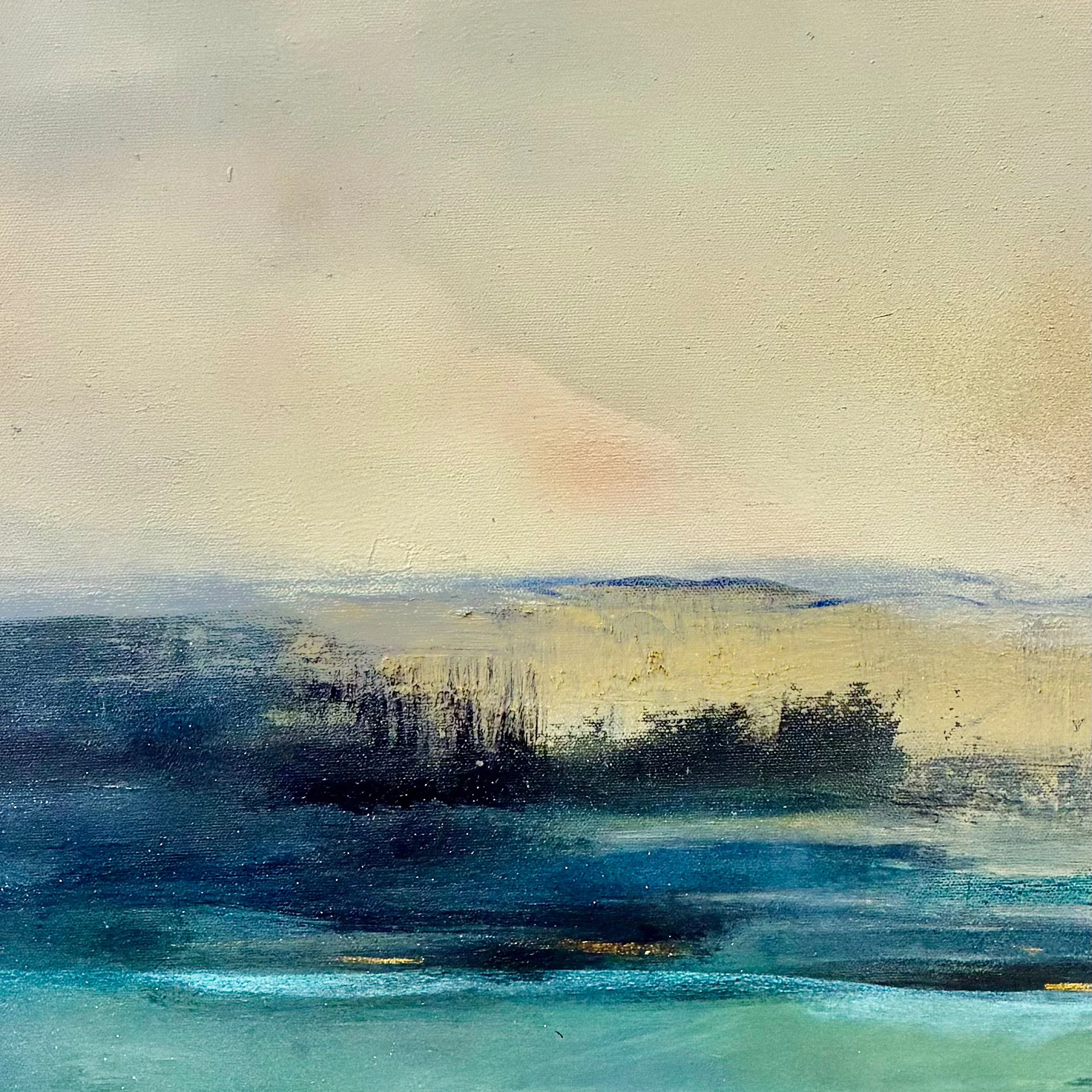 Watercolor landscape painting of a distant shoreline with trees and hills under an overcast sky.