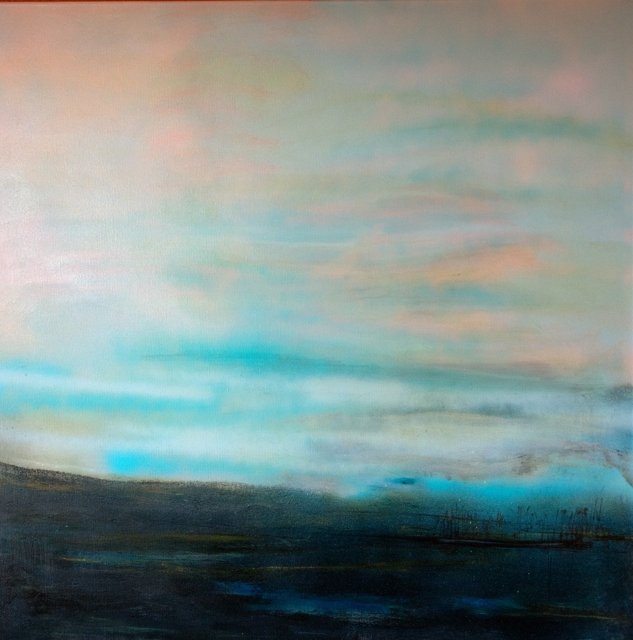 Abstract landscape painting with soft pastel colors in the sky and dark hues at the bottom.