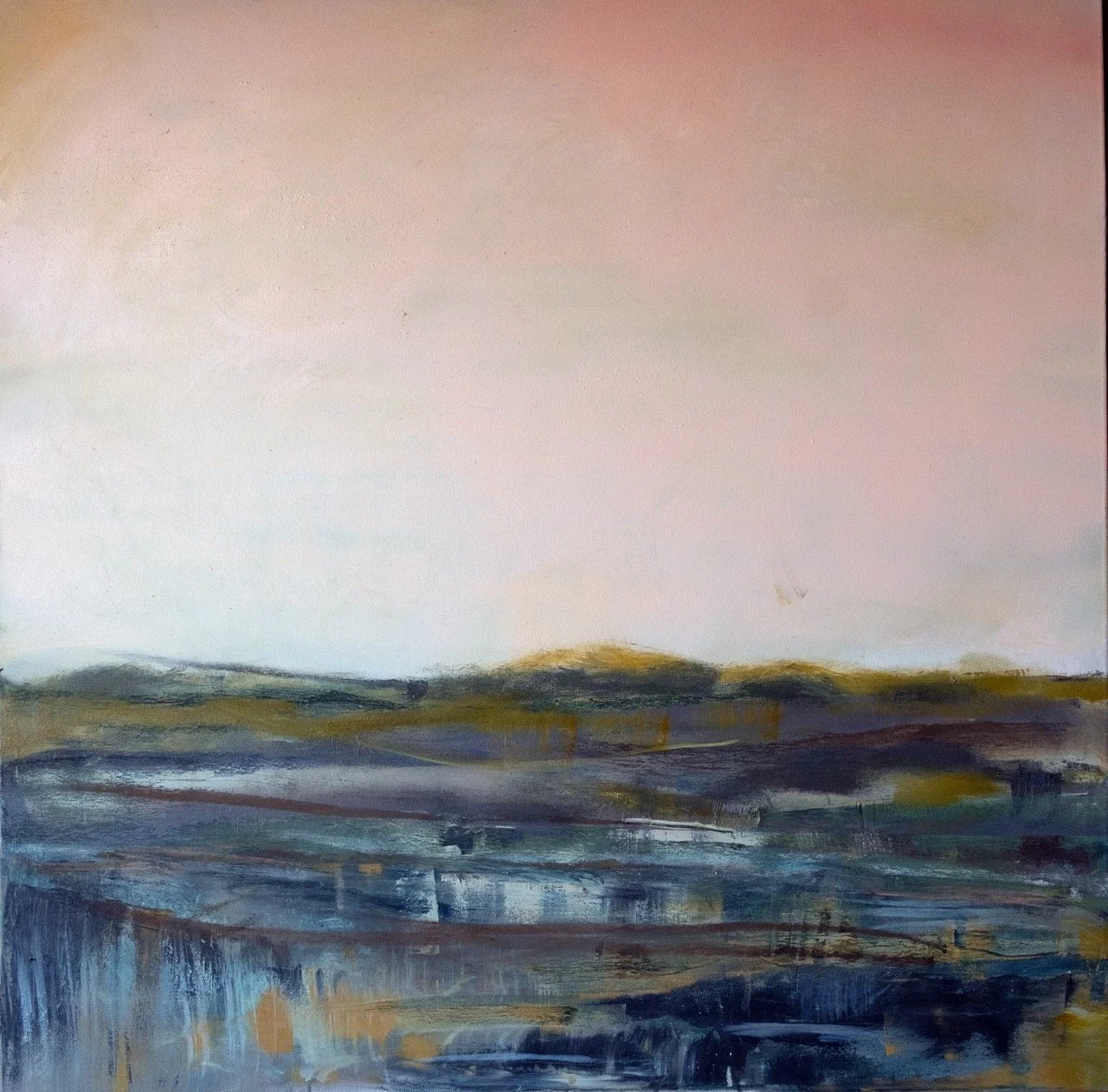 Abstract landscape painting with soft pastel sky and darker foreground with horizontal brushstrokes