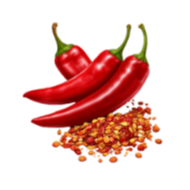 Three red chili peppers and a small pile of crushed red pepper flakes