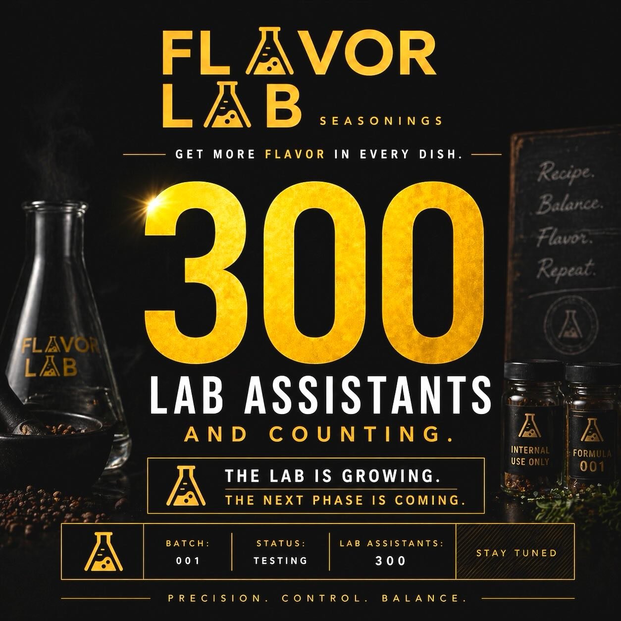 The lab just leveled up. 🥼 

300 Lab Assistants secured.
The experiment is expanding.

The next phase is coming&hellip;
Are you ready for what&rsquo;s coming?

The scientist @theflavors 

#FlavorLabSeasonings #TheFlavors #LabAssistants #ComingSoon #