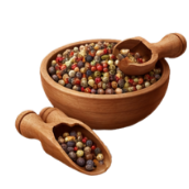 A wooden bowl filled with colorful candy-coated chocolates, with two wooden scoops resting on top and beside the bowl.