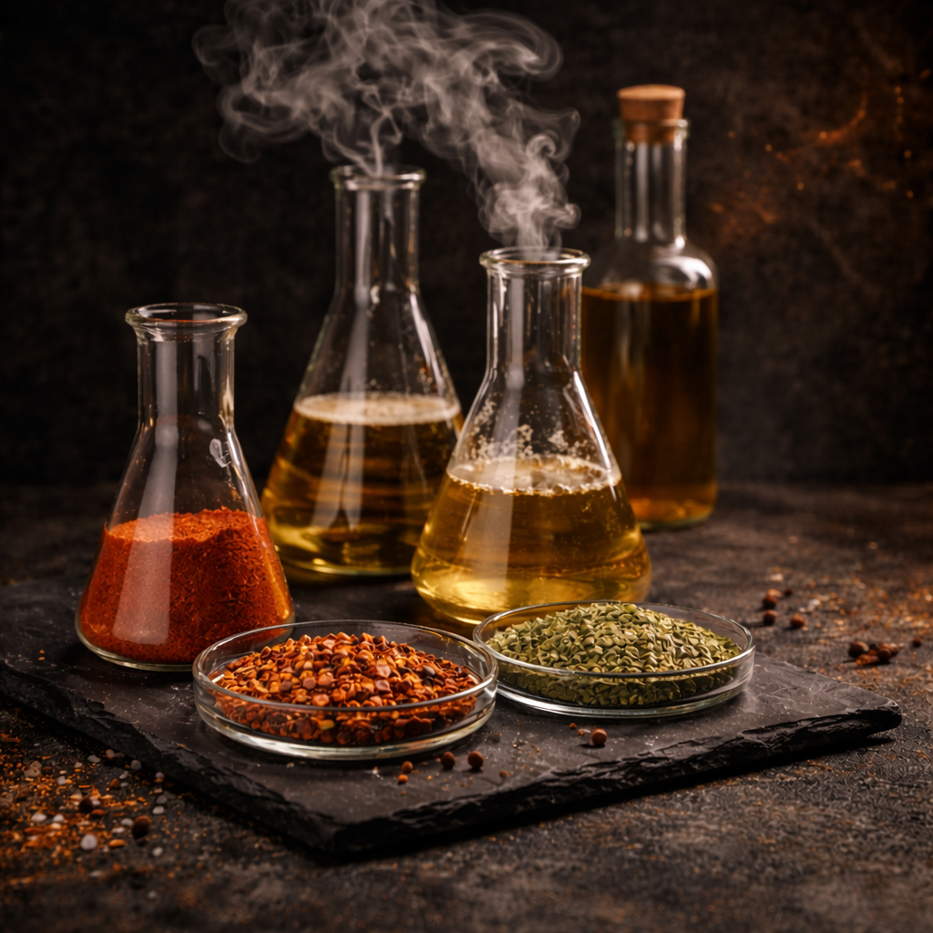 Assorted spices and herbs in glass containers and bowls, with steam rising from beakers of oil or liquid, on a dark surface.