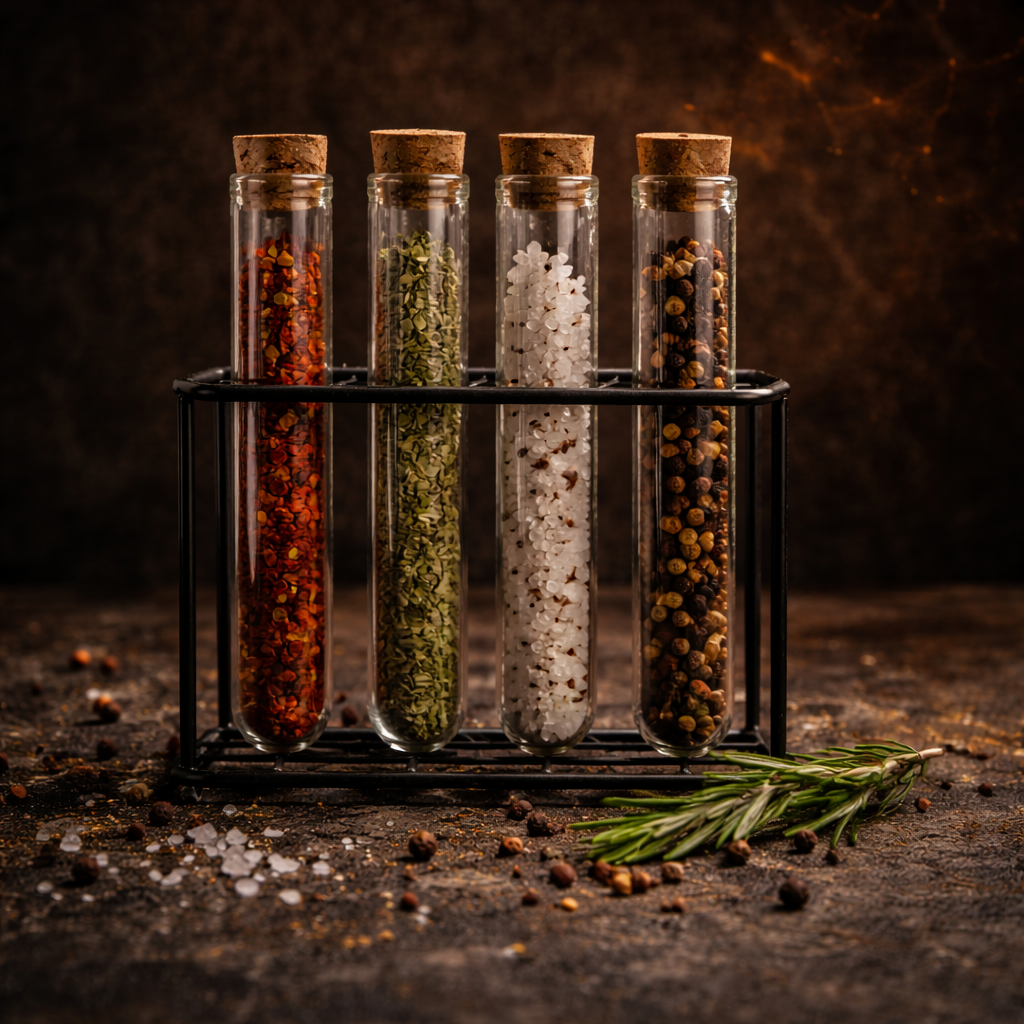 Four glass test tubes with cork stoppers, filled with different spices, held in a black metal rack. Spilled spices and a sprig of rosemary are on the dark textured surface below. The background is dark and warm-toned.