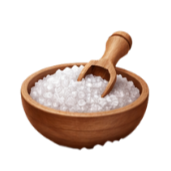 Wooden bowl filled with coarse sea salt and a wooden scoop.