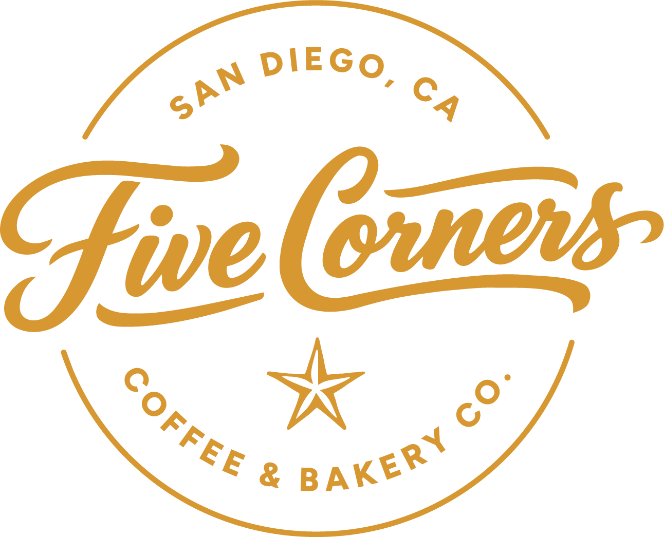 Five Corners Coffee & Bakery Co. logo - gold cursive text over white with star