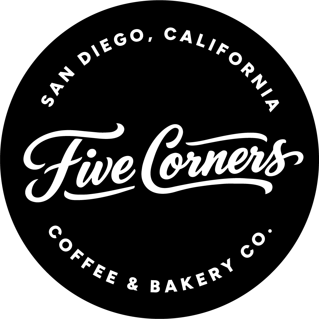 Five Corners Coffee & Bakery Co. logo - white cursive text over black