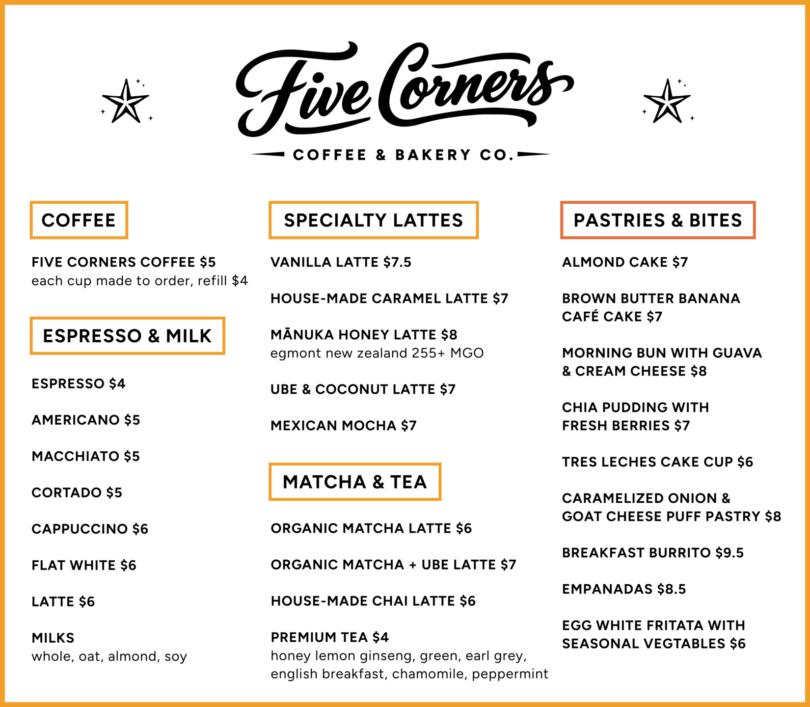 Five Corners Coffee full menu with coffee, espresso & milk drinks, specialty lattes, matcha & tea, as well as pastries and bites.