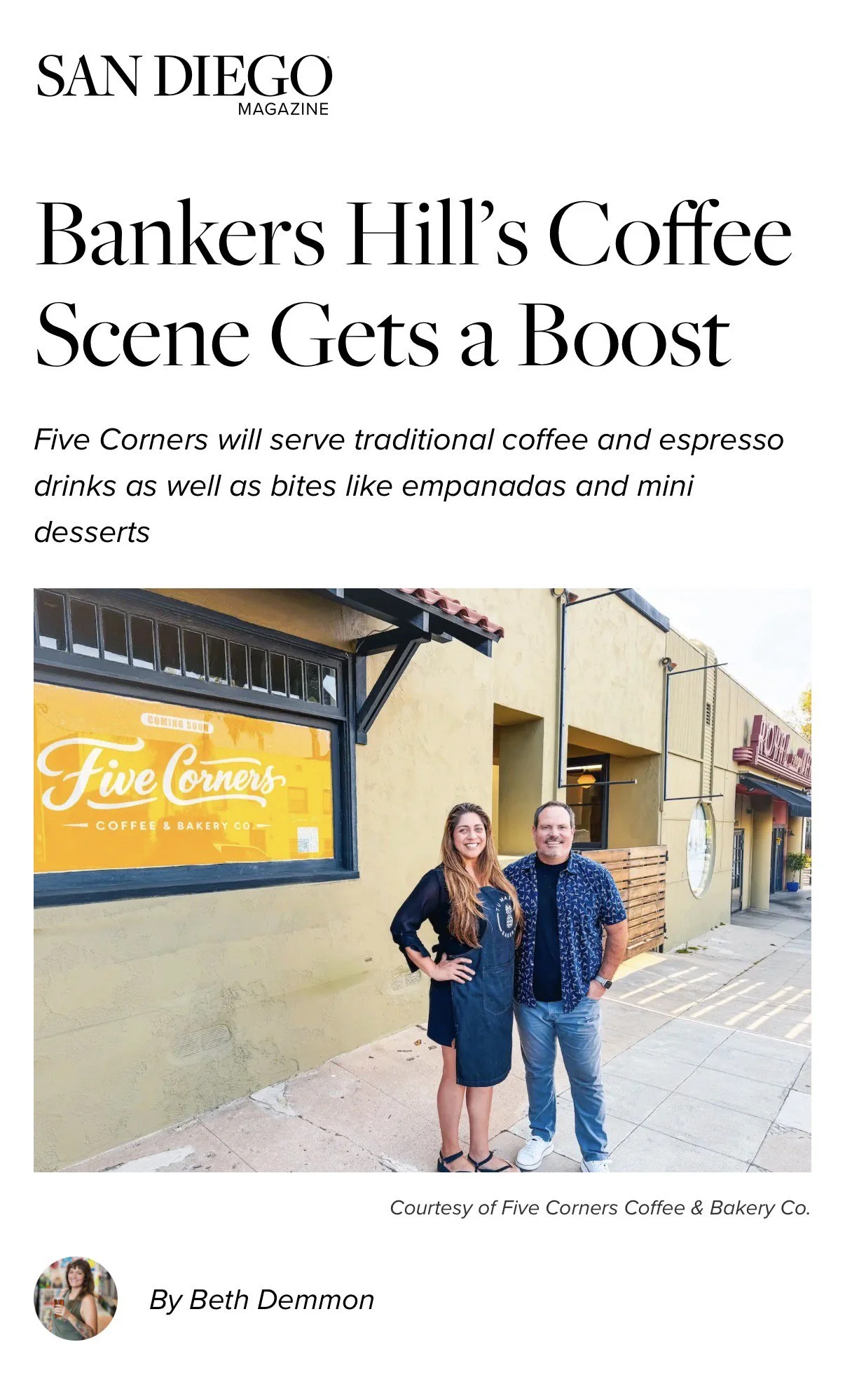 Image of San Diego Magazine's article with link to the Five Corners Coffee & Bakery Co. story