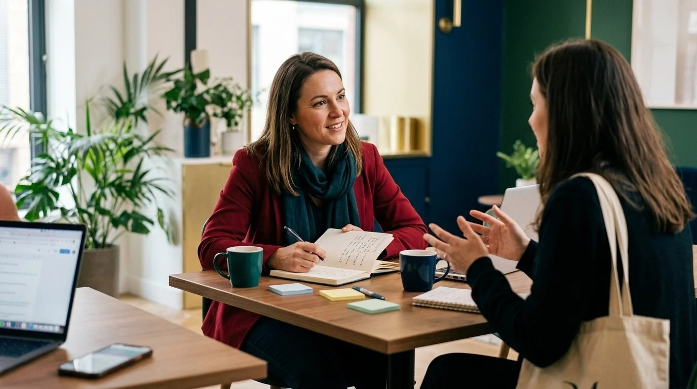 Two women having a 1-on-1 strategy meeting across a desk with coffee and notebooks in a bright office.