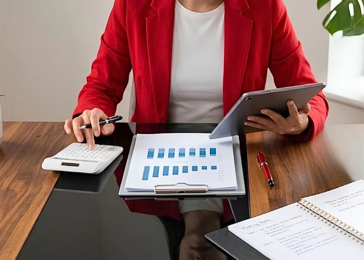 Person in a red blazer sitting at a desk with a calculator, tablet, documents, a pen, and a notebook.