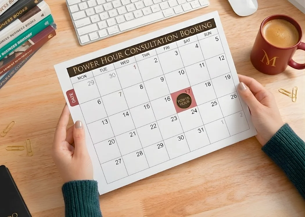 Calendar titled 'Power Hour Consultation Booking' held over a wooden desk, with a person's hands pointing at the date 17. The desk contains a white keyboard, a stack of books, a red coffee mug, and a gold paperclip.