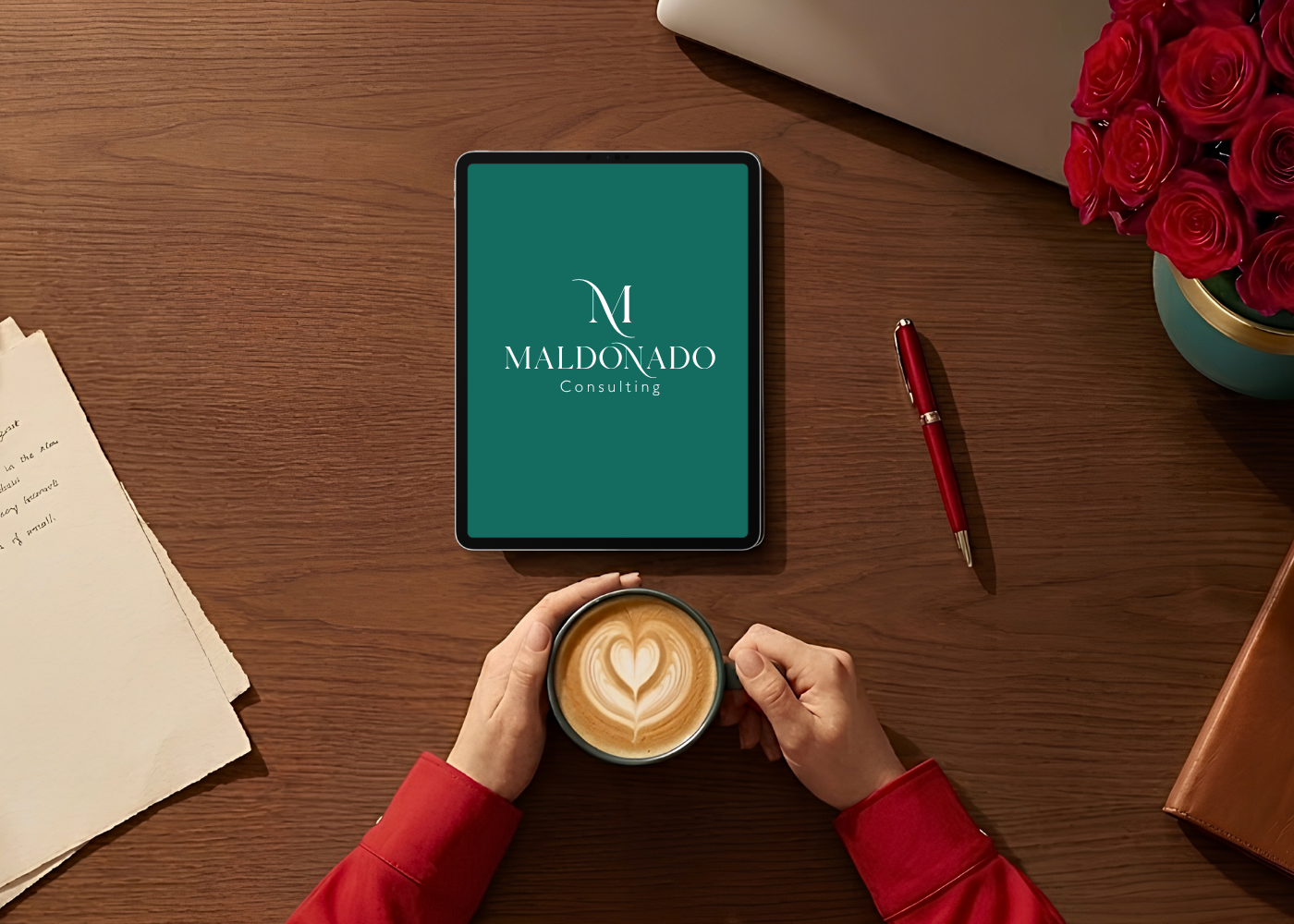 A person in a red shirt holding a cup of coffee with latte art, sitting at a wooden desk with a tablet displaying a logo for Maldonado Consulting, a book with handwritten notes, a red pen, a bouquet of red roses in a blue vase, and a brown leather notebook.