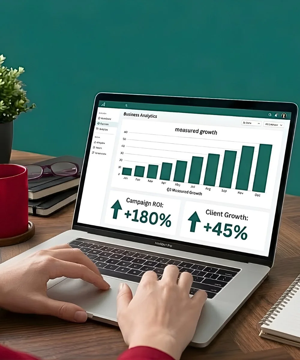 A person working on a laptop displaying business analytics, including a bar chart of measured growth, campaign ROI of +180%, and client growth of +45%, on a wooden desk with a red coffee mug, notebook, and glasses nearby.