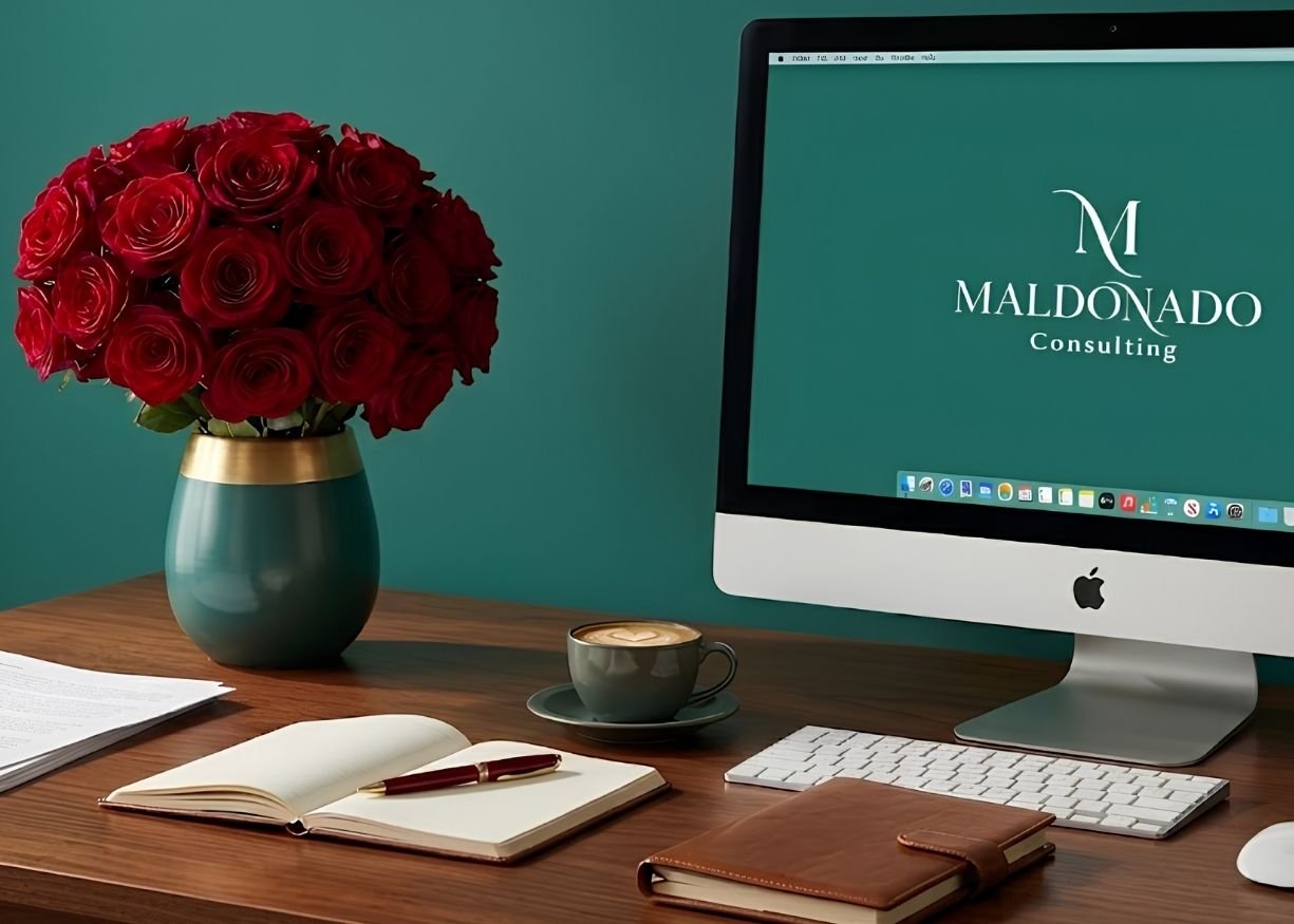 A desktop workspace with a large bouquet of red roses in a dark green vase, a small cup of coffee on a saucer, an open notebook with a pen, a closed brown leather notebook, some papers, and an Apple iMac computer displaying the Maltodonado Consulting logo on the screen.