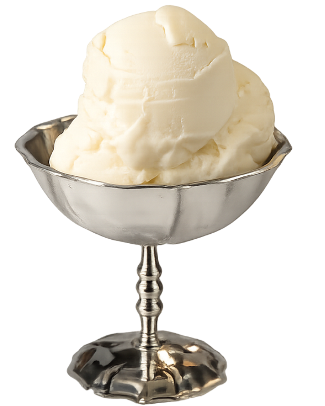 A silver dessert cup filled with a scoop of vanilla ice cream.