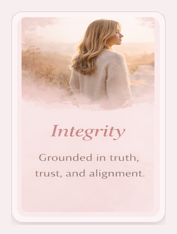 A woman with blonde hair looking to the side outdoors at sunset, with soft pink and orange tones in the background. The image includes the word 'Integrity' and the phrase 'Grounded in truth, trust, and alignment.'