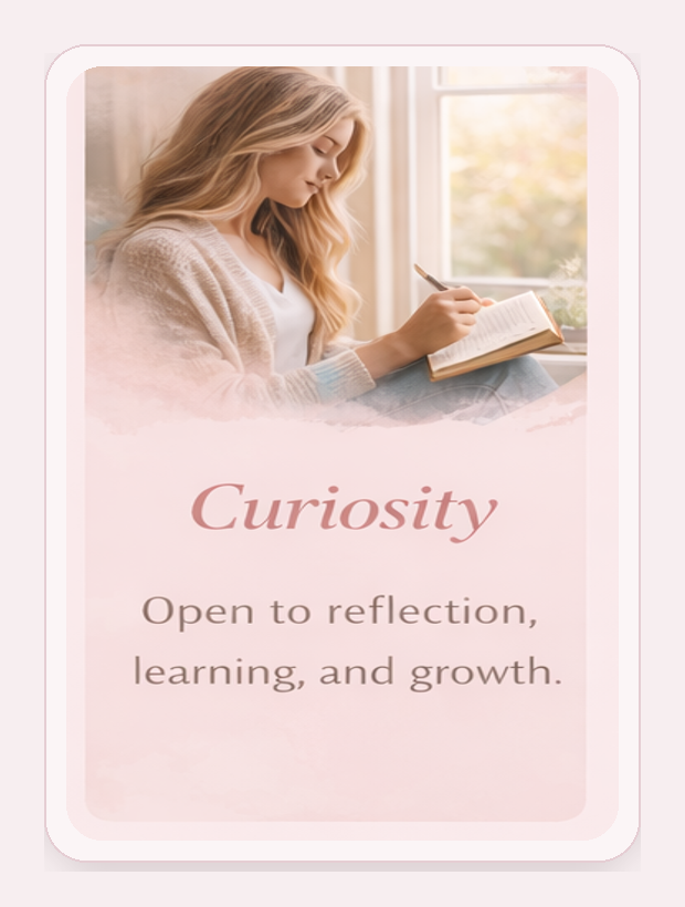 A woman with long blonde hair reading a book by a window with natural light, with the words 'Curiosity: Open to reflection, learning, and growth' written below.