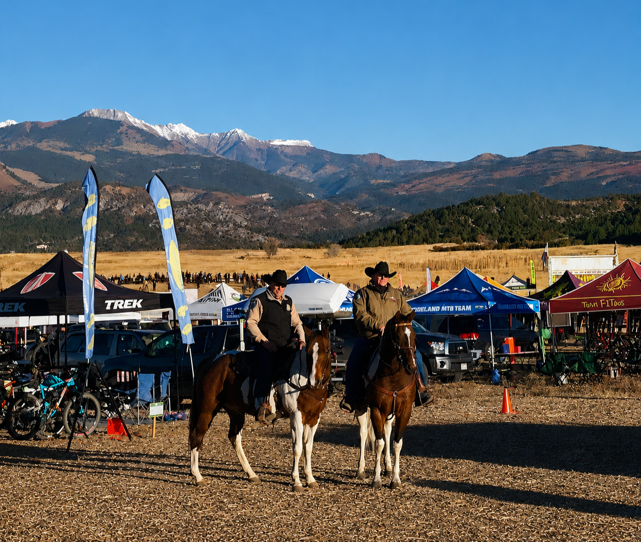 Two men in cowboy hats riding horses in a field with tents and booths for an outdoor event, mountains in the background.