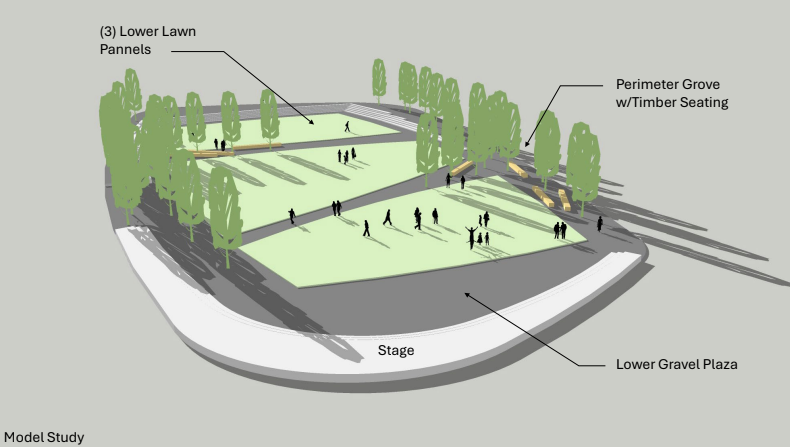 A conceptual design of a park shows a stage, lower gravel plaza, perimeter grove with timber seating, lower lawn panels, and trees around the area.