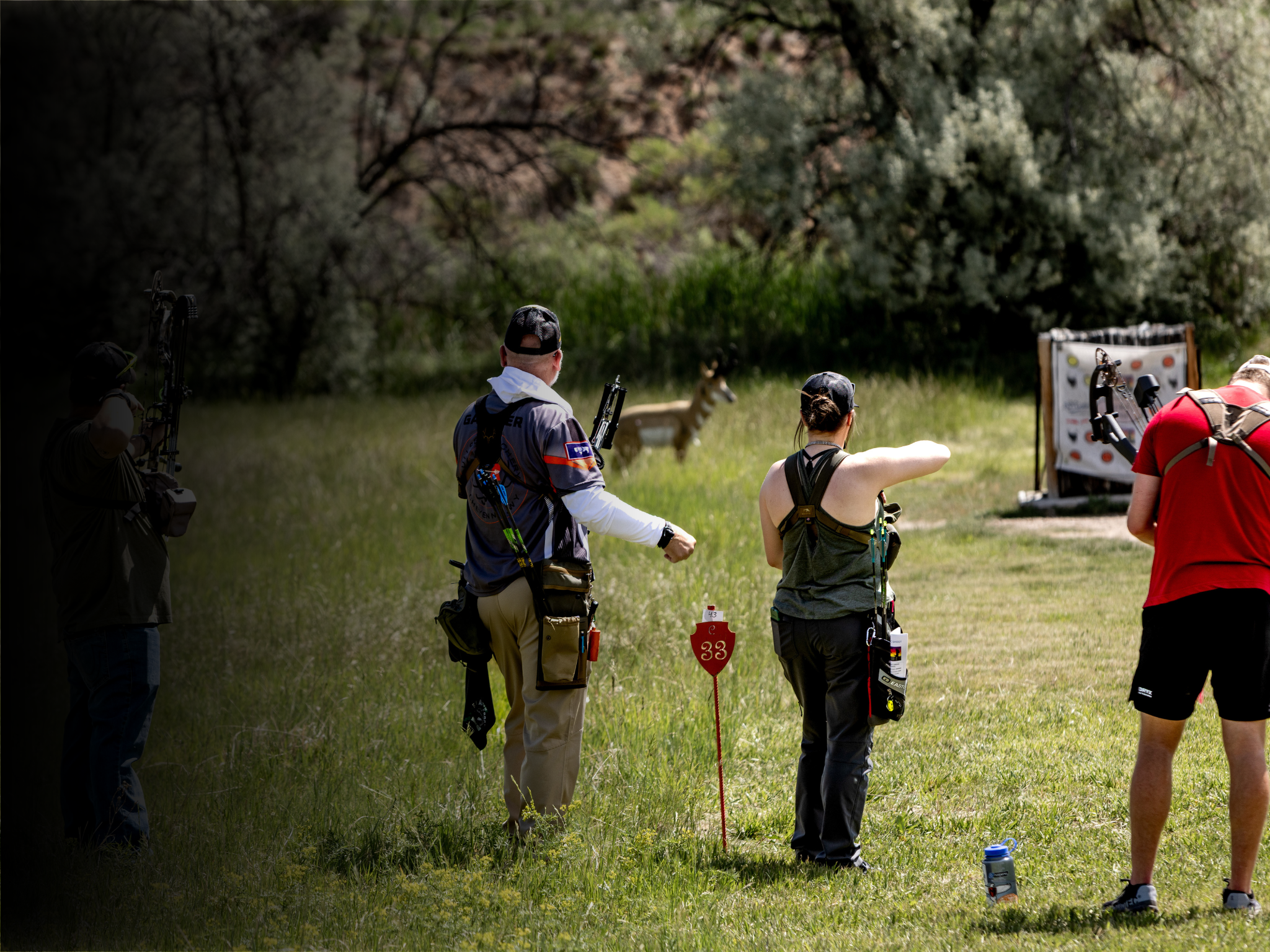 Group of archers preparing to shoot arrows at a target in a grassy outdoor area with trees.