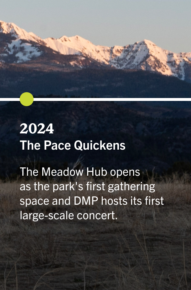 Snow-capped mountains under a clear sky with a grassy, rocky foreground, overlaid with event information for 2024 The Pace Quickens at The Meadow Hub.