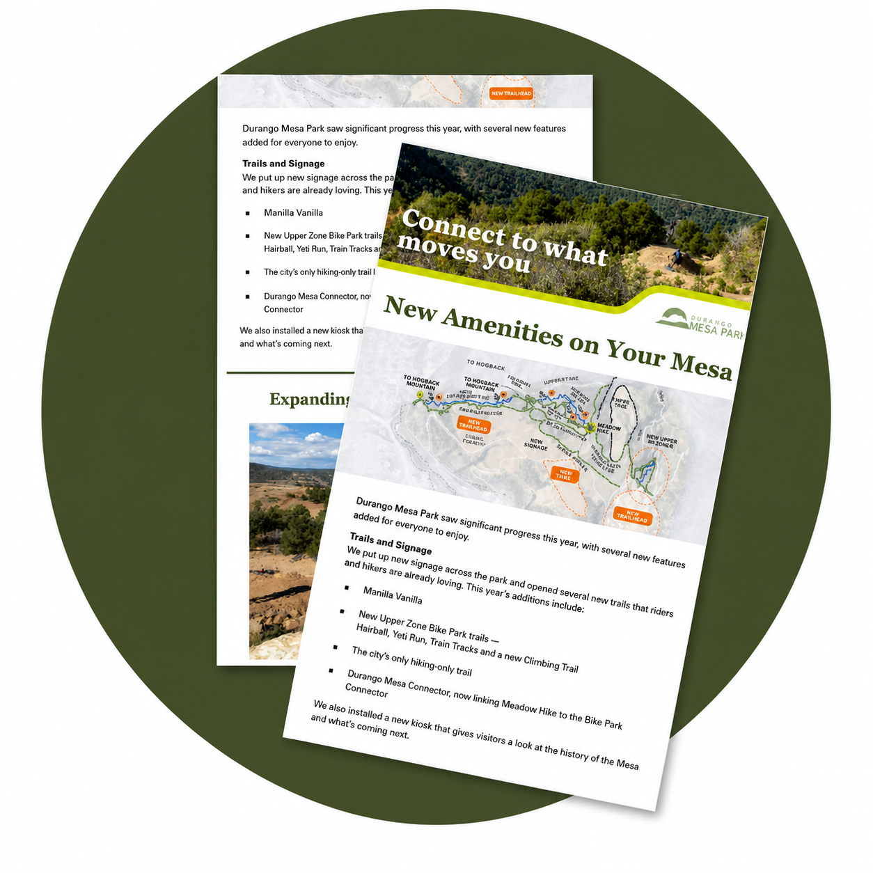 Two brochures from Durango Mesa Park laid out on a round green surface, showing maps, trails, and park features.