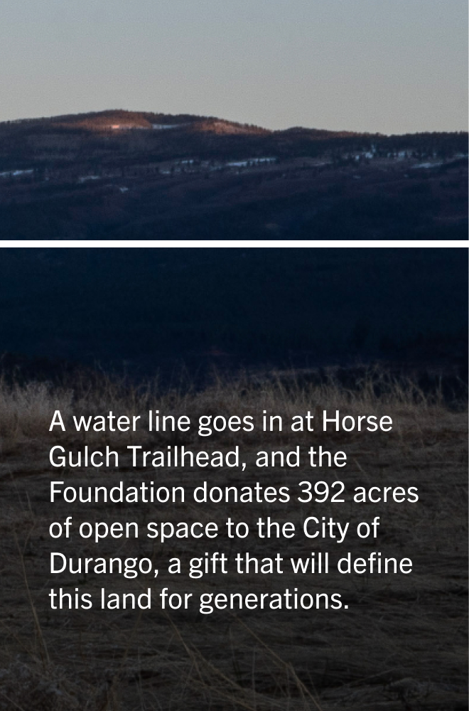 Landscape view of hills at Horse Gulch Trailhead during dusk, with a text overlay about a donation of 392 acres of open space to the City of Durango.