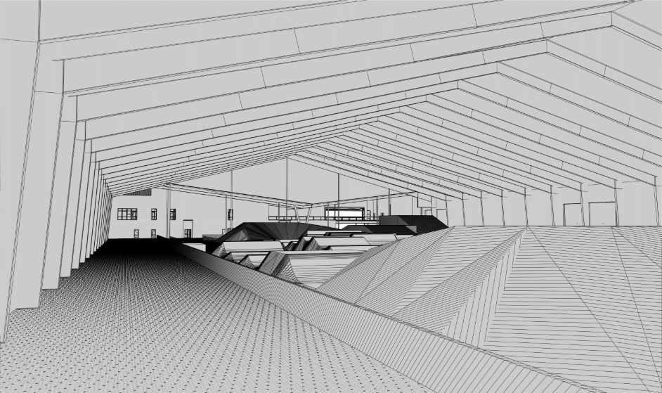 A computer-rendered architectural drawing of a modern building interior with a sloped ceiling and geometric structures.