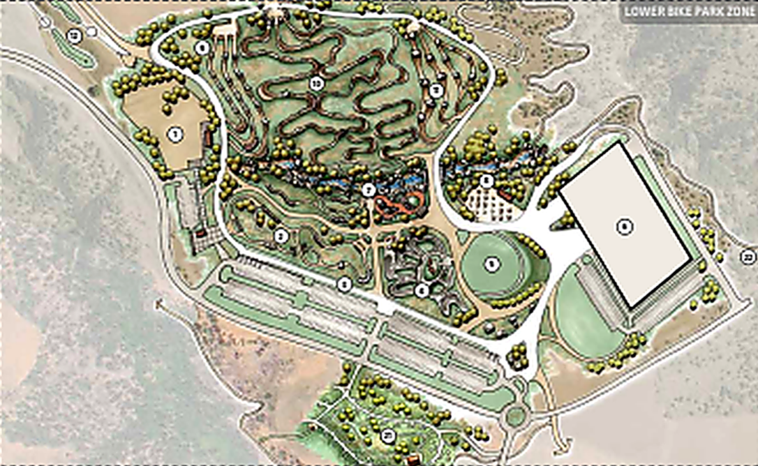 Map of a recreational area with designated paths, a golf course, multiple parking lots, and various sports and activity zones, including a large outdoor sports court and picnic areas.