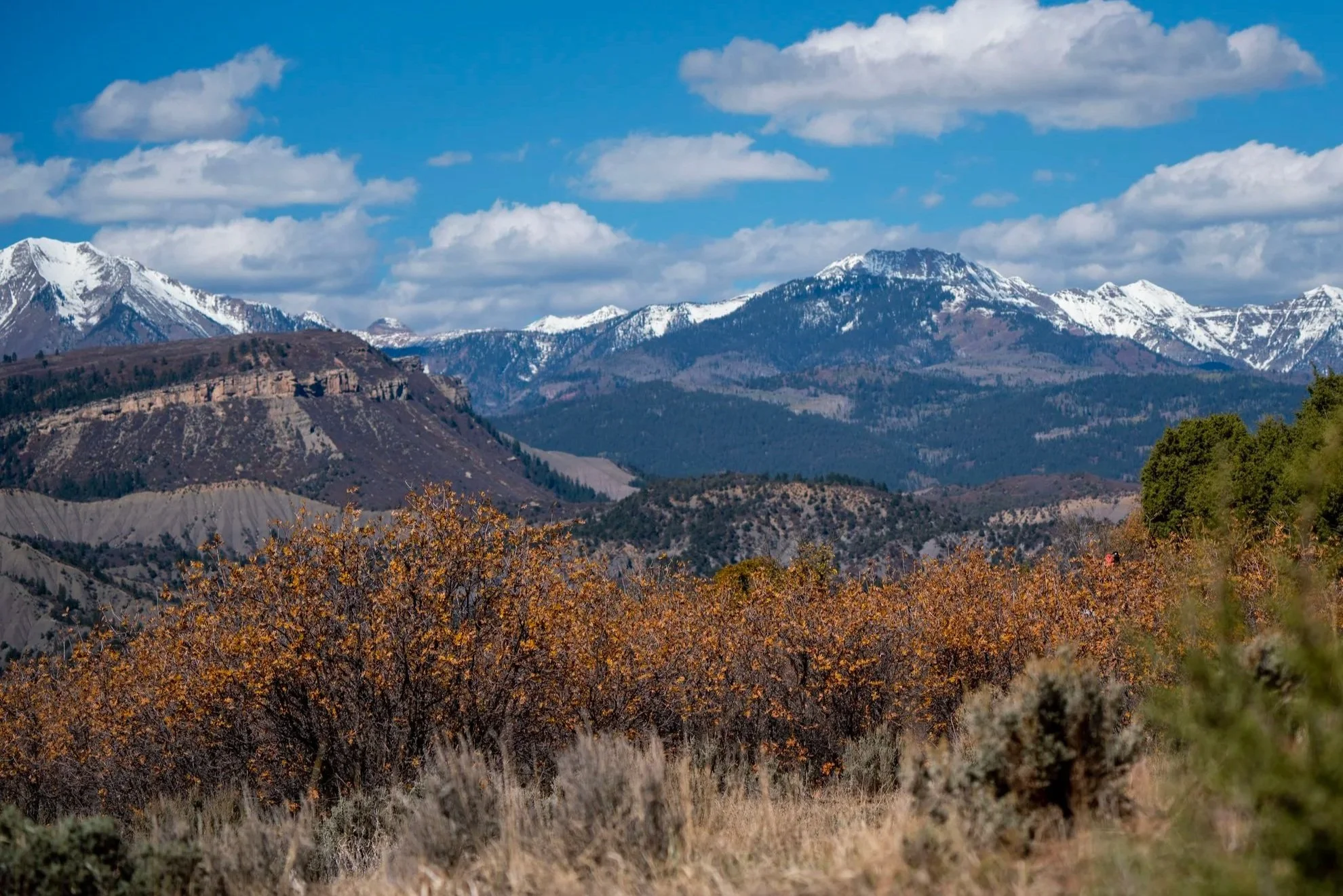 Scenic view of mountain range with snow-capped peaks, rolling hills, and a foreground of trees with orange leaves under a partly cloudy blue sky.