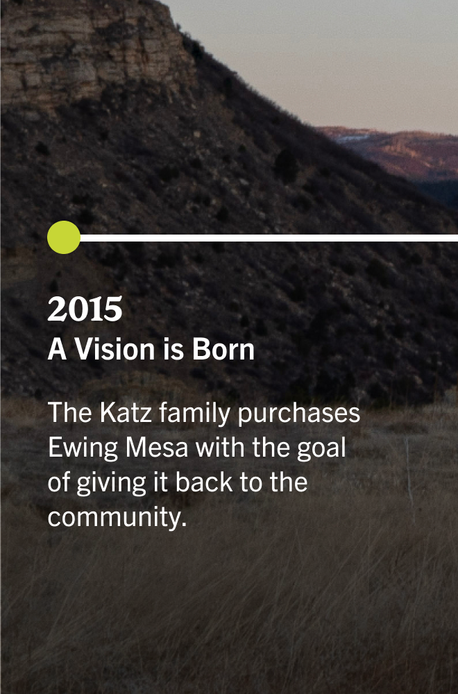 A landscape image of a mountainous area at sunset with text overlay about the Katz family's donation to Ewing Mesa in 2015.