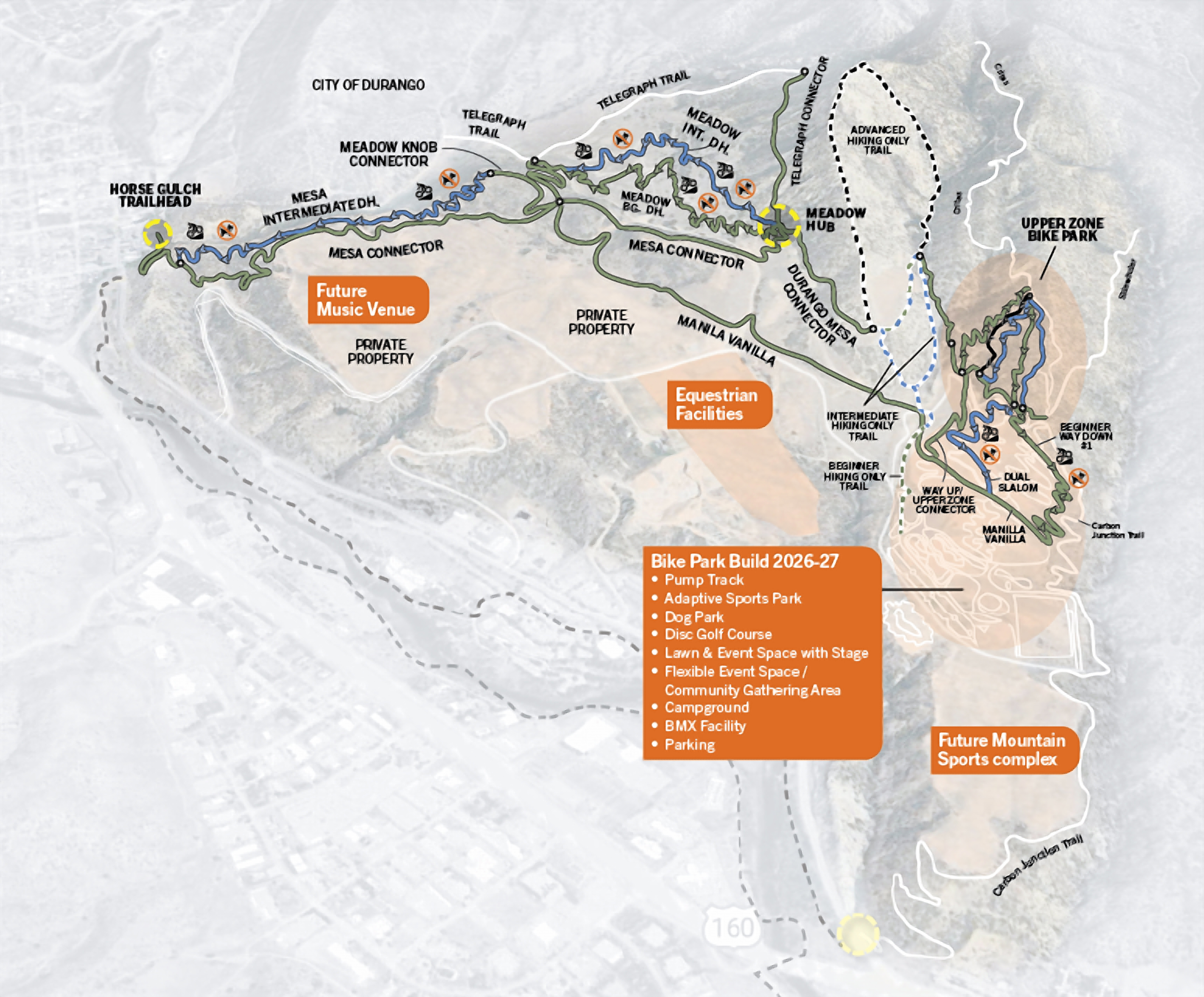 Map of mountain biking trails and facilities near Durango, Colorado, highlighting trail names, future development plans, and various amenities such as bike parks, event spaces, and parking areas.