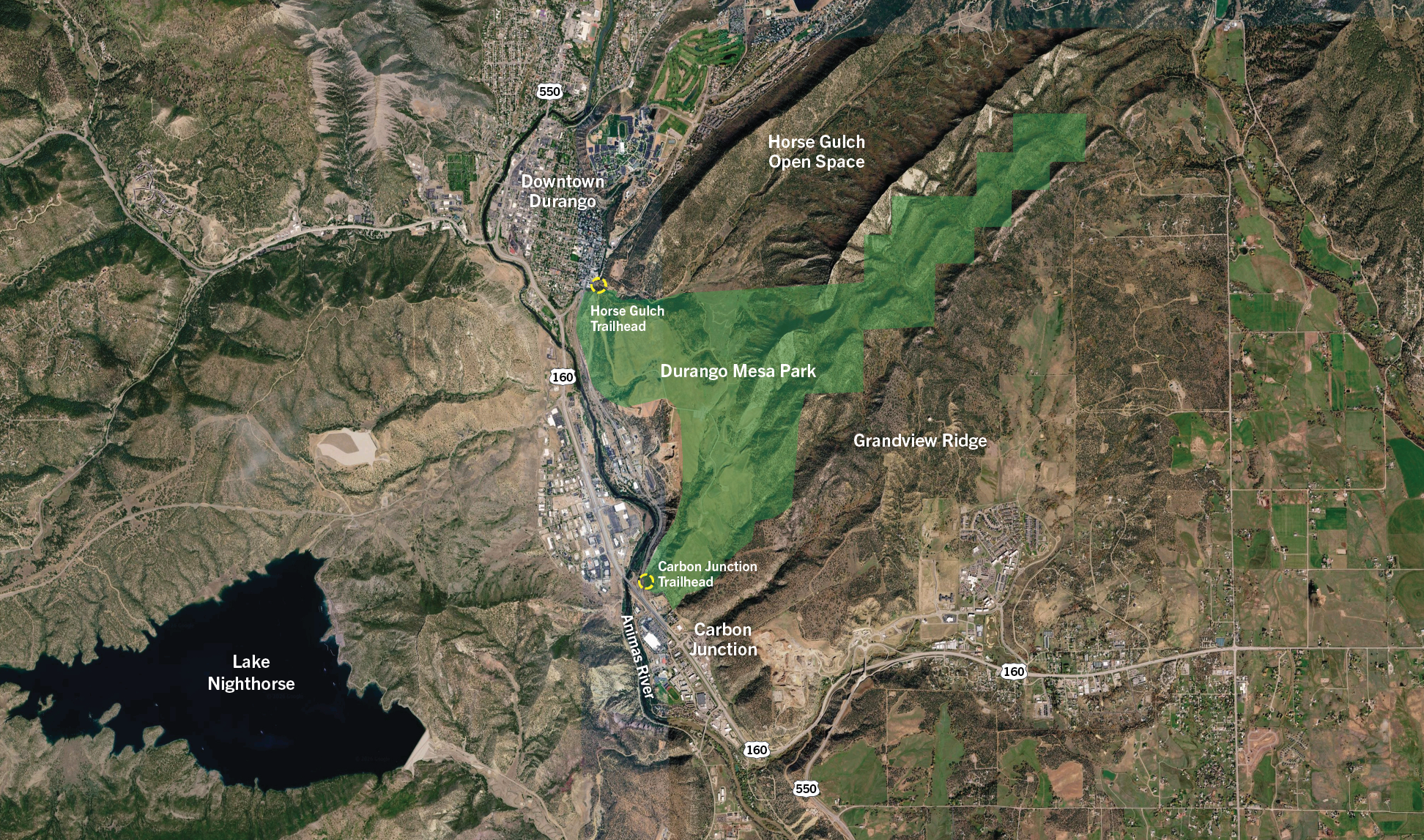 Satellite map showing Durango, Colorado with highlighted parks and trailheads including Durango Mesa Park, Horse Gulch Open Space, and Carbon Junction Trailhead, along with nearby lake and terrain features.