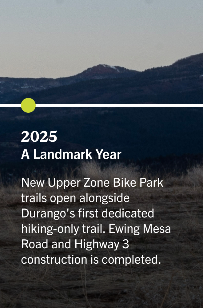Text overlay on a mountain landscape stating "2025 A Landmark Year" and information about new biking and hiking trails in Durango, Colorado.