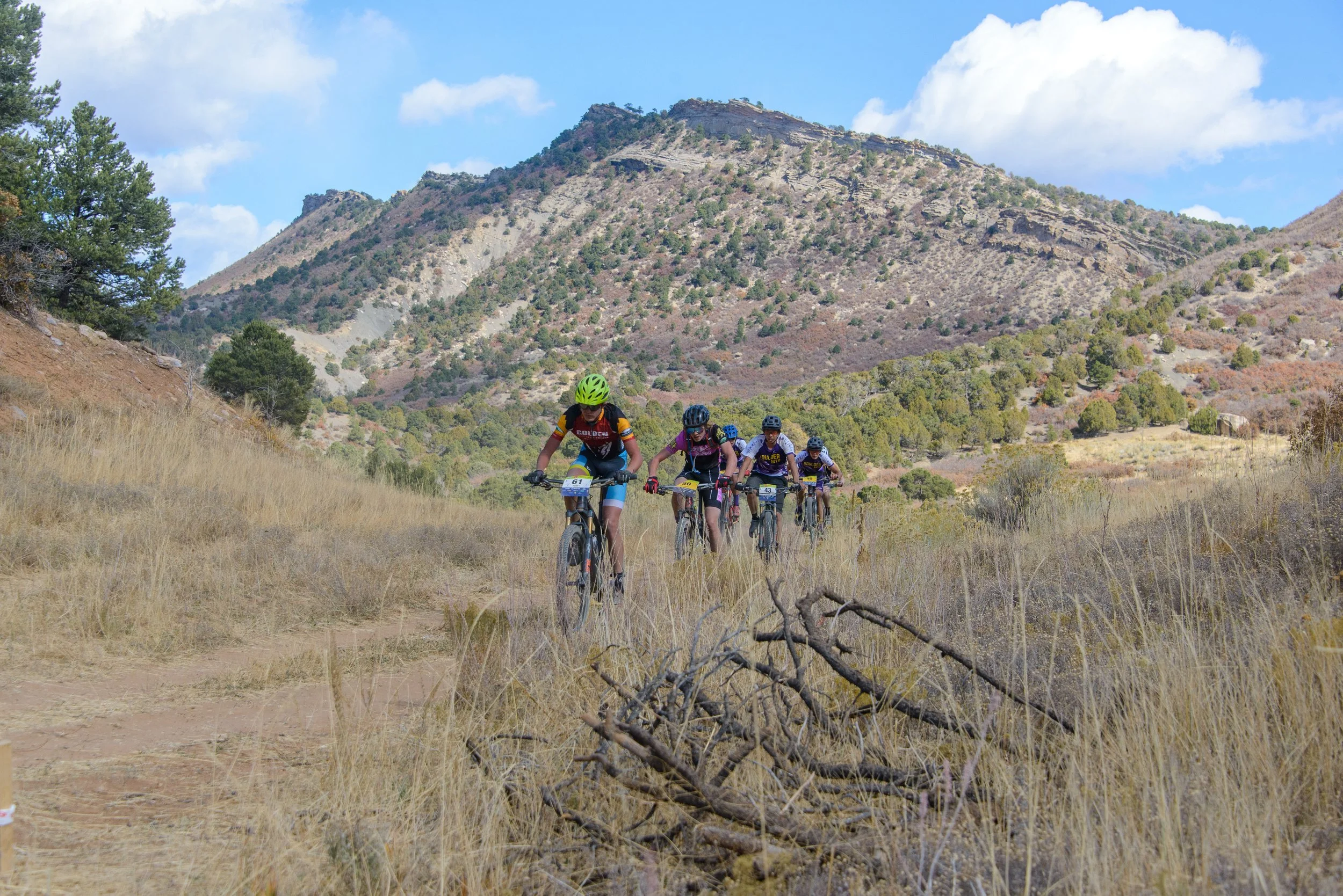 Group of cyclists riding mountain bikes on a trail in a mountainous area under a partly cloudy sky, with dry grass and shrubs in the foreground.